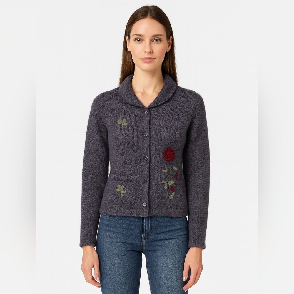 Embroidered Gray Cardigan Sweater